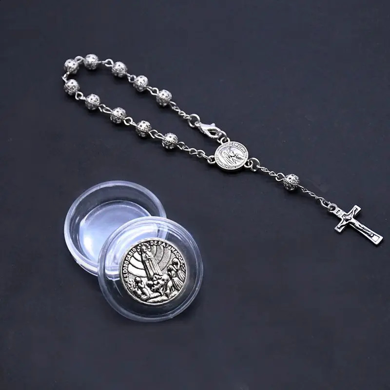 QIGO Vintage Hollow Out Metal Beads Cross Rosary Bracelet With Box Religious Pray Jewelry For Men Women260623