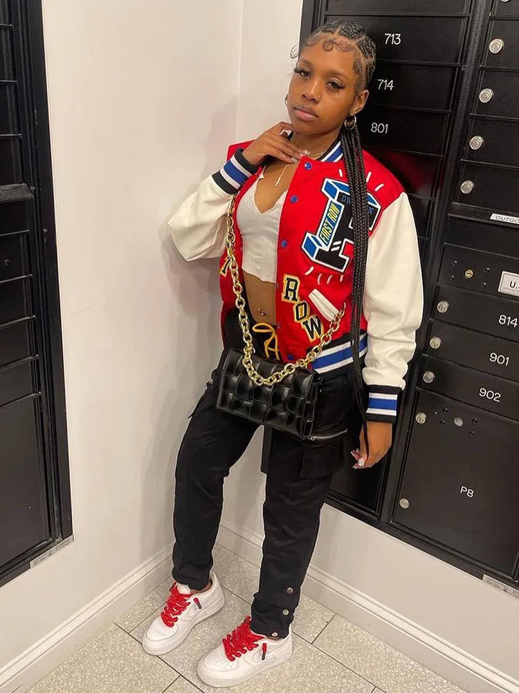 Baseball Bomber Jacket Women Streetwear Plus Size Winter Coats Ribbed Long Sleeve Patchwork Wholesale Drop 260624