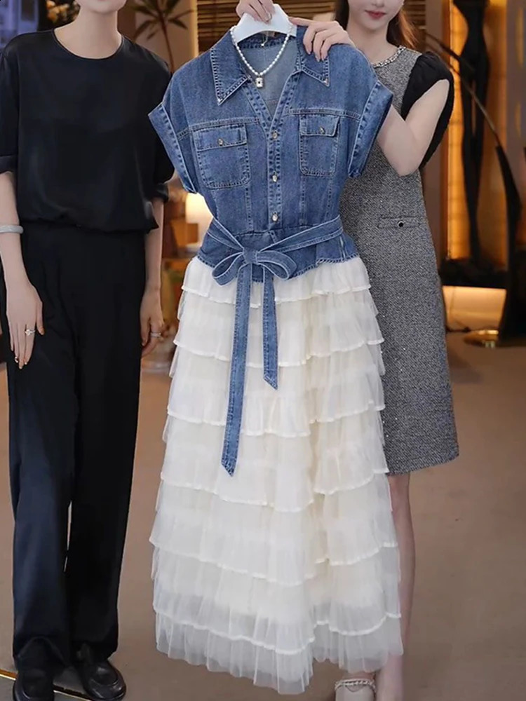 Temperament Denim Top With Belt Lace Mesh Skirt Two Piece Set Korean Style Fashion Short Sleeve Dress Sets For Women 260623