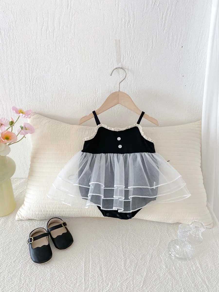 Summer Korean-style baby girl sweet and cute black suspender mesh stitching dress baby girl suspender princess dress very suit Y2606258H6B