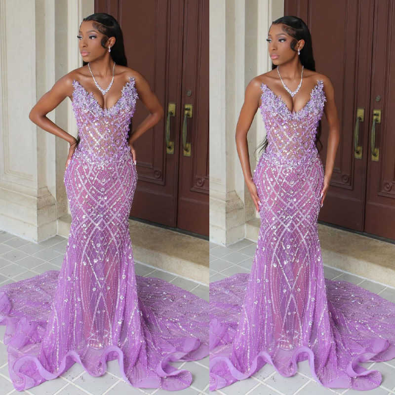 Luxury V Neck Sequined Mermaid Evening Dresses Elegant Sleeveless Crystal Illusion Prom Dress Party Gown Customized