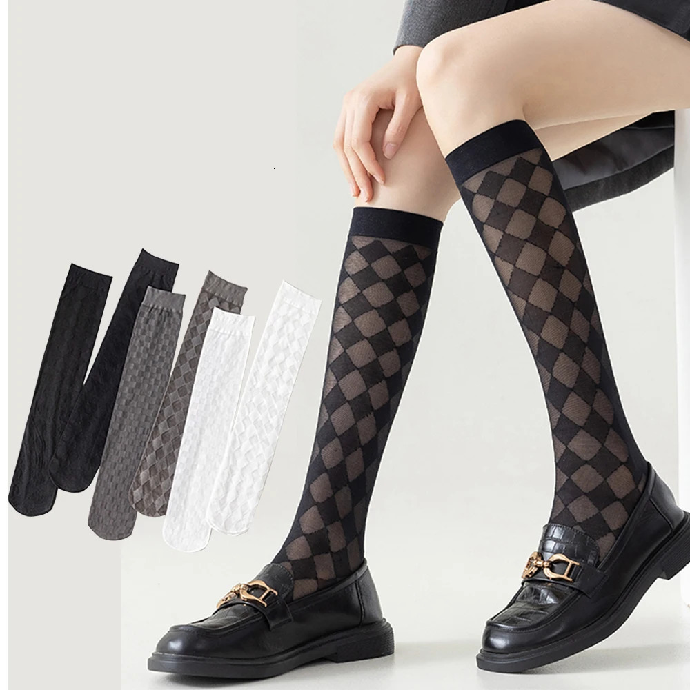 Calf Socks Womens Summer Thin Black Stockings JK Long Tube DiamondShaped British Style HalfLength 260624