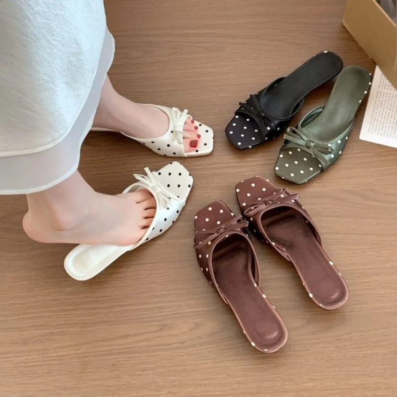 Square Toe Women Polka Dot Slippers Fashion Satin Butterfly-knot Low Heels Party Dress Slide Summer Shoes 260625