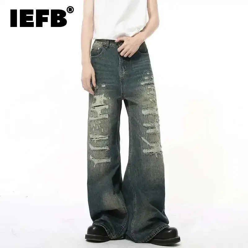 IEFB High Street Mens Denim Pants Hole Worn-out Streetwear Trousers Straight Wide Leg Casual Male Jeans Autumn 9C8513 260622
