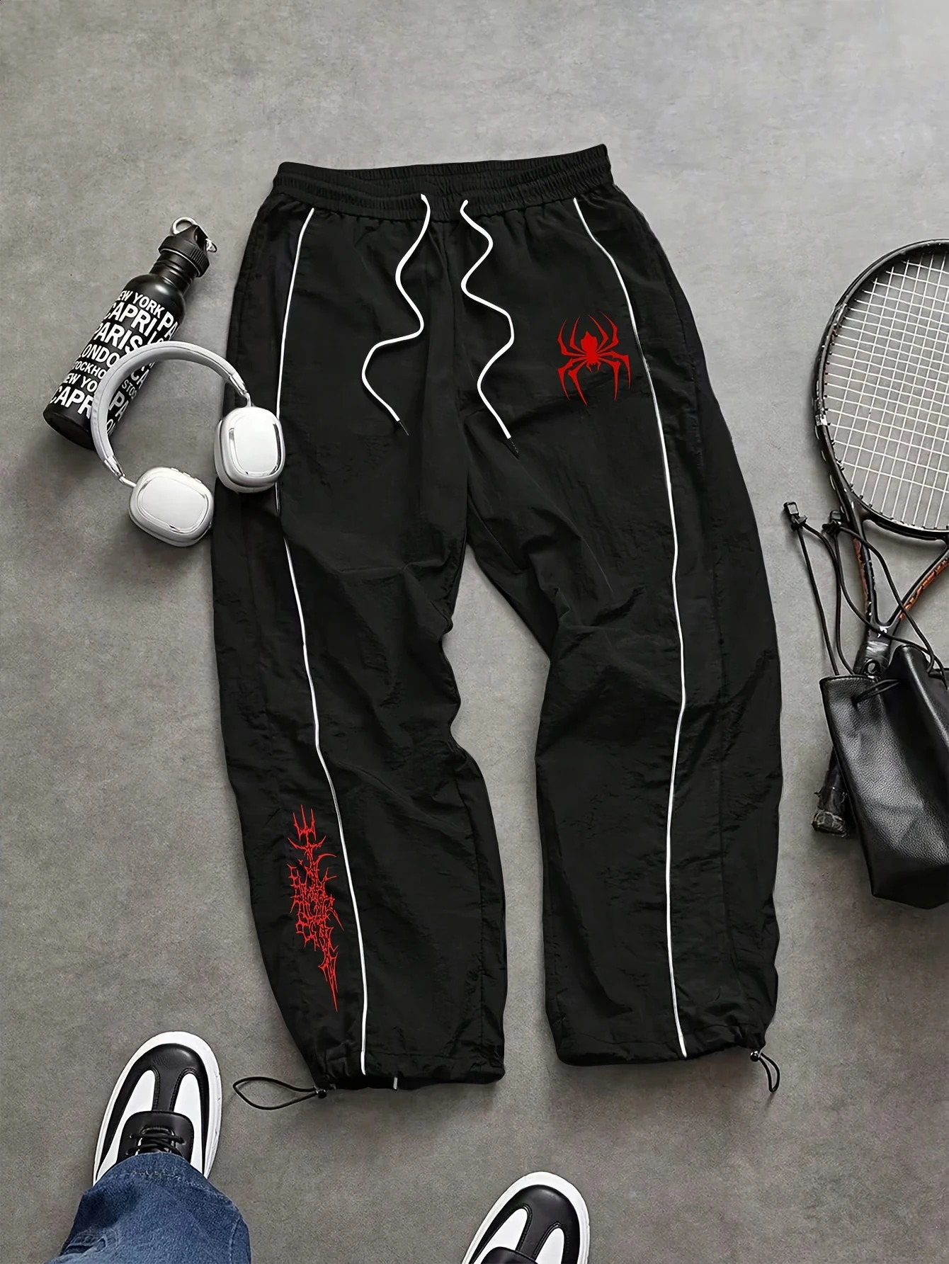 Mens Spider Web Print Striped Drawstring Joggers Lightweight Quick-Dry Streetwear Gym Pants for Daily Spring Summer Wear 260625