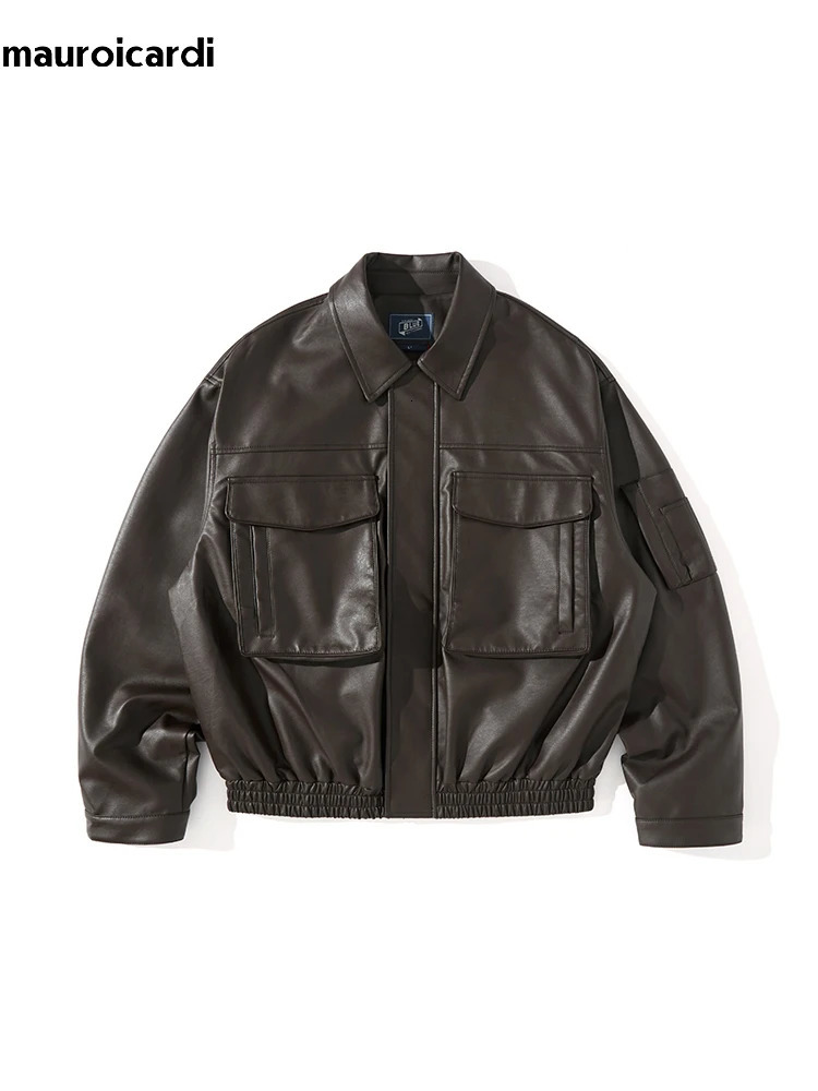 Mauroicardi Spring Autumn Vintage Cool Black Brown Soft Pu Leather Moto Jacket Men Zipper Pockets Cargo Clothes 260624