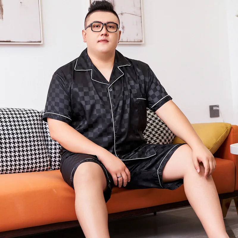 5XL Plus Size Pajamas for Men 150KG Summer Satin Sliky Sleepwear Short Sleeve Shorts 2PCS Set Loose Plaid Home Clothes 260622