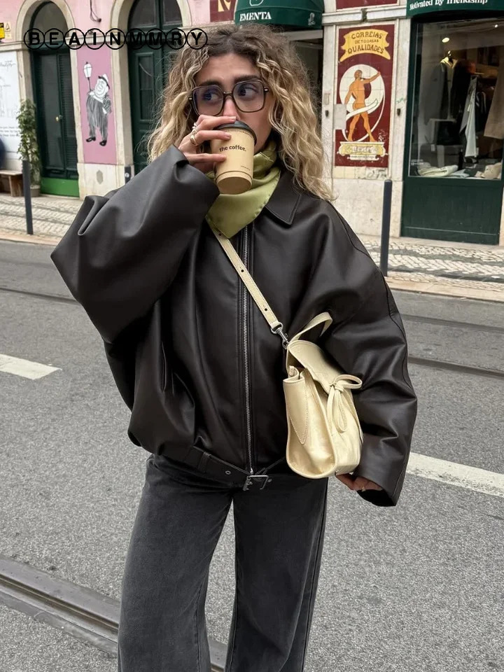 Casual Lapel Zipper Waist Belt Short Leather Jacket 2026 Women Loose Solid Pocket Pu Coat Autumn Lady Daily Highstreet Jackets 260624