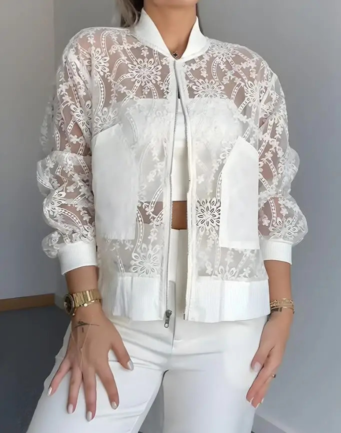 Womens Jacket 2025 Floral Lace Embroidered Mesh Patchwork HighLow Hem Baseball Coat Casual Side Slit Zip Up Bomber 260624