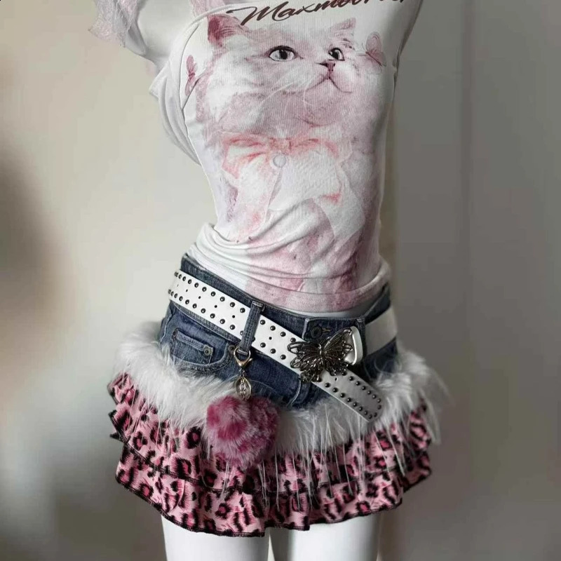 Y2k Leopard Mini Skirt Patchwork Denim American Vintage 2000s Sexy Subculture Harajuku Streetwear Style Random Summer 260617