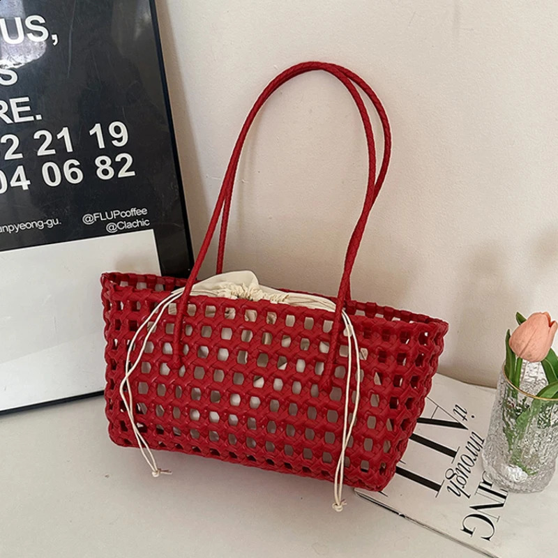 Bohemian Style Hollow-out Woven Basket Bag With Inner Pocket Summer Beach Vacation Handbag Korean Minimalist Women Shoulder Bag260624