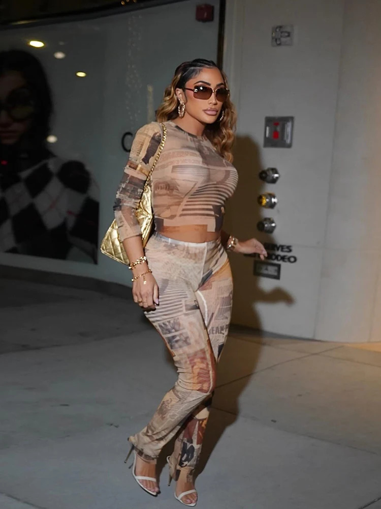 Sisterlinda See Through 2Piece Set Women Colorful Print oNeck Full Sleeve Crop TopElastic Waist Simple Pant Sexy Street Suit 260625