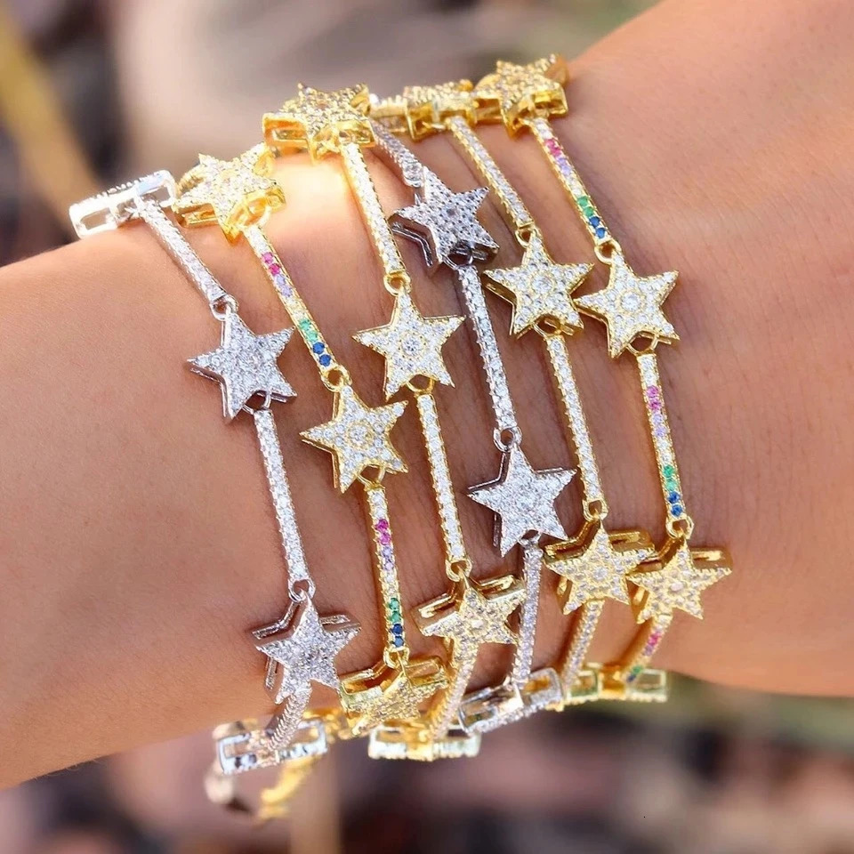 Star Bar Link Chain Bracelet Tennis Chain Paved Tiny Sparking Shiny CZ Stone Stars Bracelets For Women Simple Jewelry Party 260624