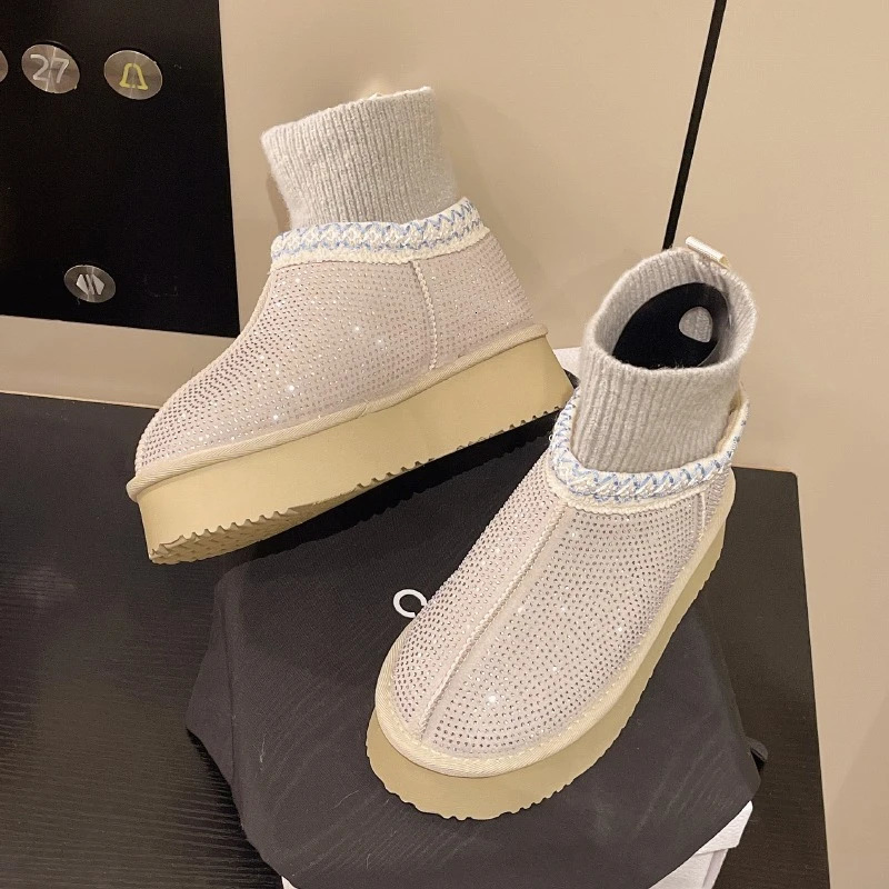 Botas de nieve para mujer con lentejuelas, moda de invierno, forro de felpa, botines cálidos sin cordones para mujer 260624