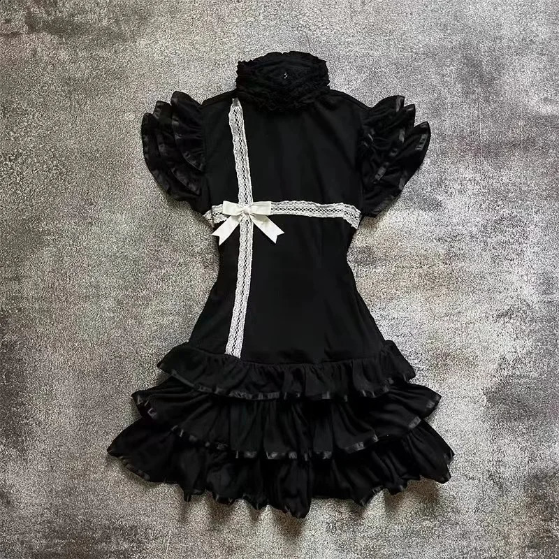 Japanese E-girl Gothic Vintage Dress Women Half High Neck Short Sleeve Bow Lace Mini Dress Cinch Waist Sweet Spicy Black Dress 260625BJ