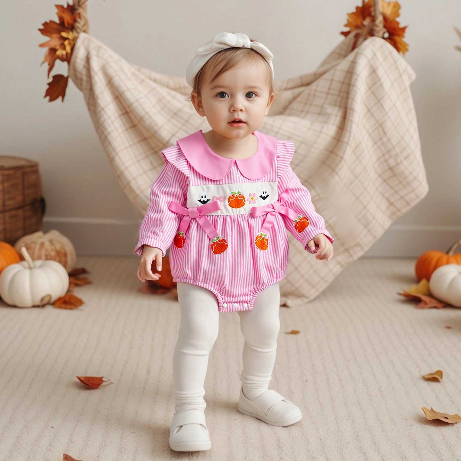 0-18M Newborn Cute Baby Girl Halloween Stripe Romper Ghost Pumpkin Embroidery Long Sleeve Doll Collar Bubble Jumpsuit Y260625K8P1