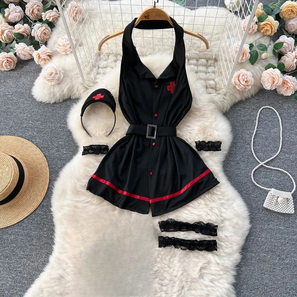 Woman Fashion Sexy Comfortable Halter Dress Summer V Neck Vintage Belt Slim Women Backless Sexuality Club 260613banjia