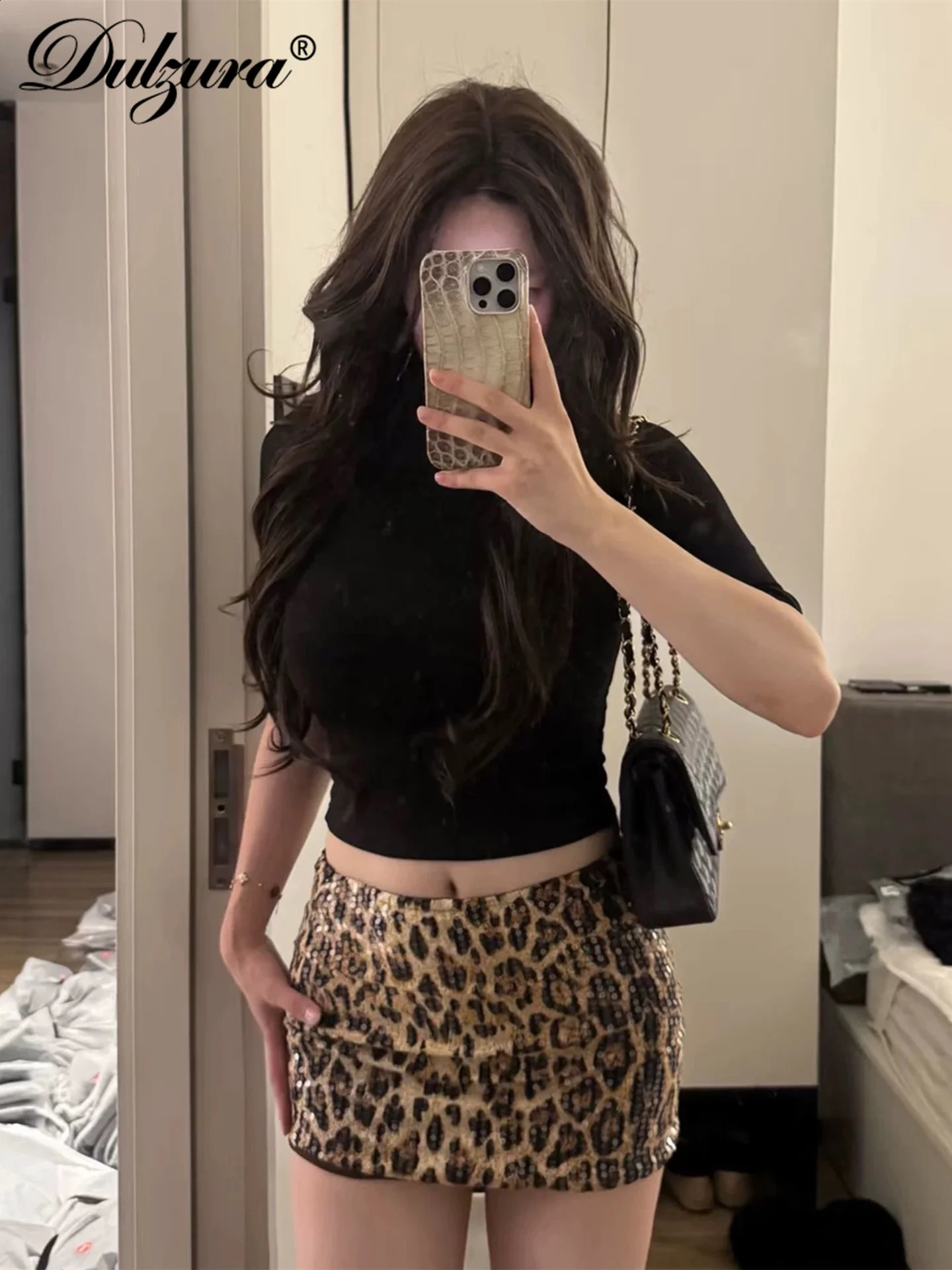 Dulzura Summer Latest Fashion Elegant High Waist Sequins Sexy Slim Leopard Print Short Skirt Party Club Street Clothes Wholesale 260624BJ
