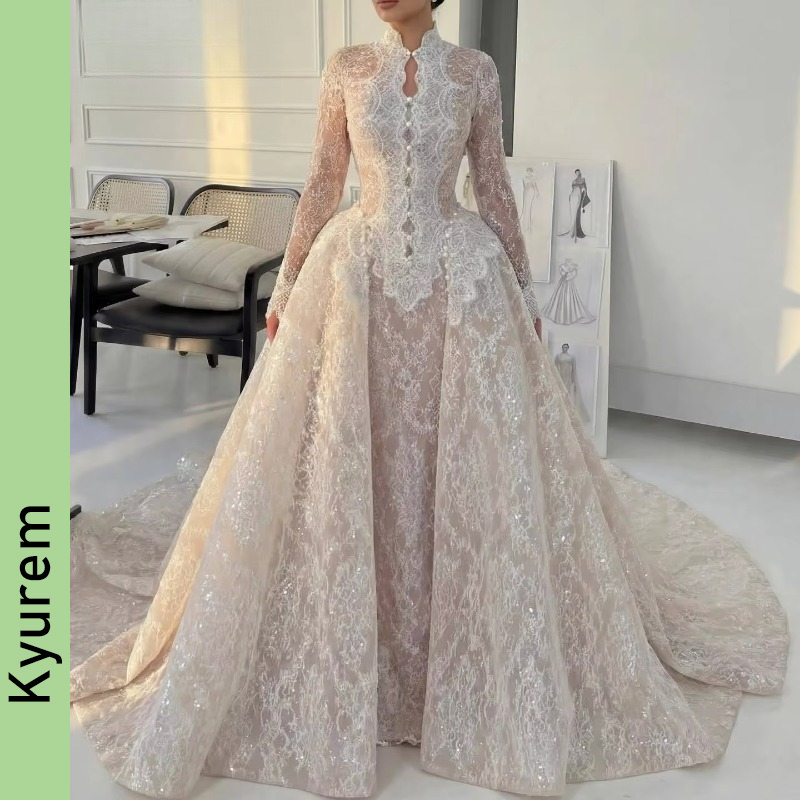 Elegant Lace Wedding Dresses with Detachable Train Long Sleeves Garden Robe De Mariee Engagement Gowns Vestidos De Novia