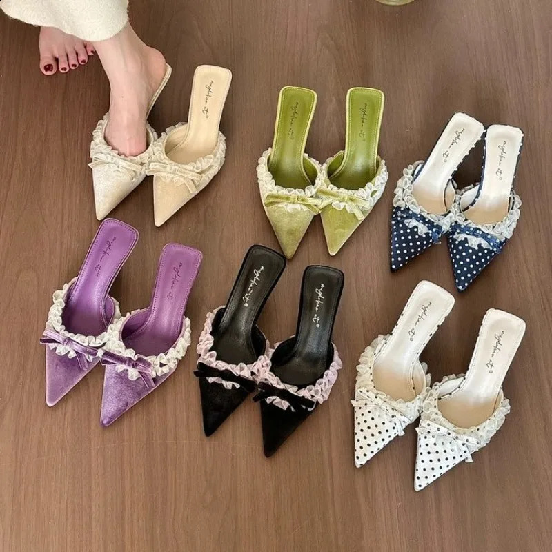 Damen-Pumps, modisch, gepunktet, Spitze, coole Hausschuhe, Temperament, spitze High Heels, Slipper, Bankett, Party, Stiletto-Absätze für Frauen 2606