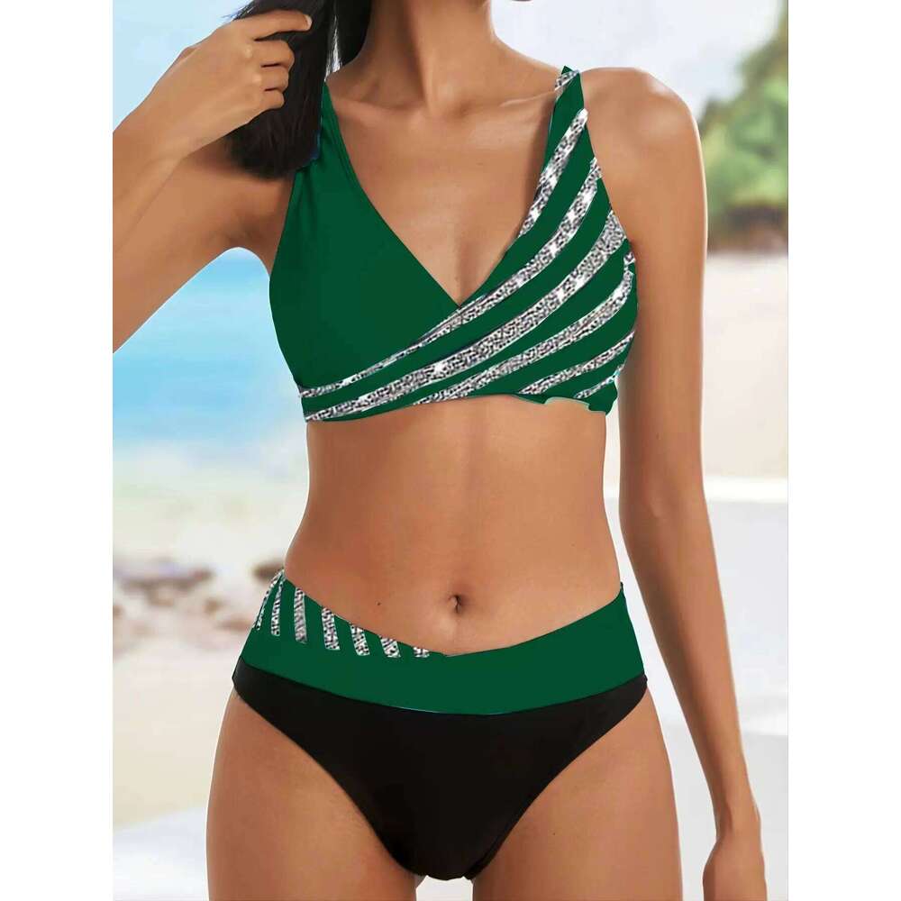 2026 New V Neck Bikini Set Women Stripe Print Patchwork Swimwear Summer Beachwear Swimsuit Female Bathers Bathing Swimming Suit 26Y0625
