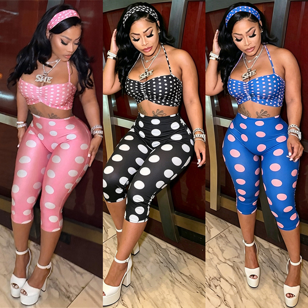 Womens Tracksuit Polka Dot Printed Three Piece Set With Headband Halter Neck Sexy Sleeveless Vest And Cropped Pants Casual Sets For Women Outfits