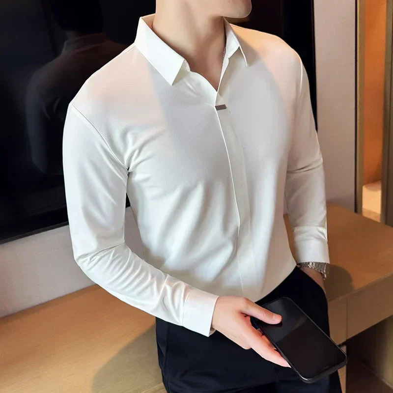 Mens V-neck Long-Sleeved Polo High-End Elasticity Traceless Lapel T-shirt Brown Top Business Casual Stand Collar Slim Fit Top 260623