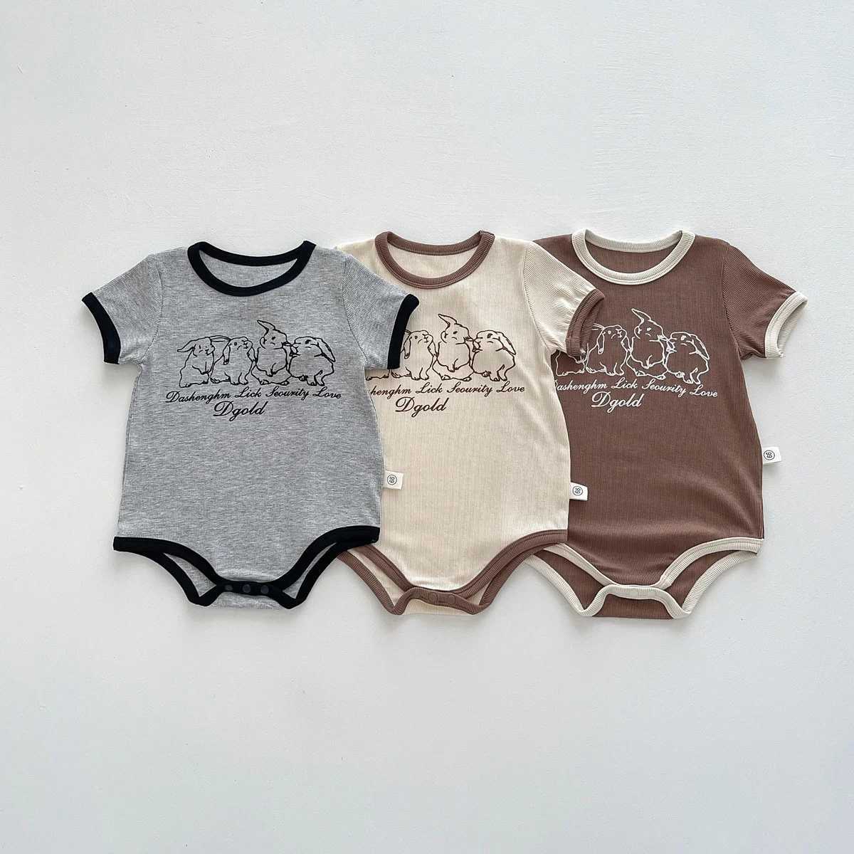 Ins Korean version of newborn baby summer short-sleeved rabbit cartoon jumpsuit baby simple and comfortable threaded triangle j Y260625TWY4