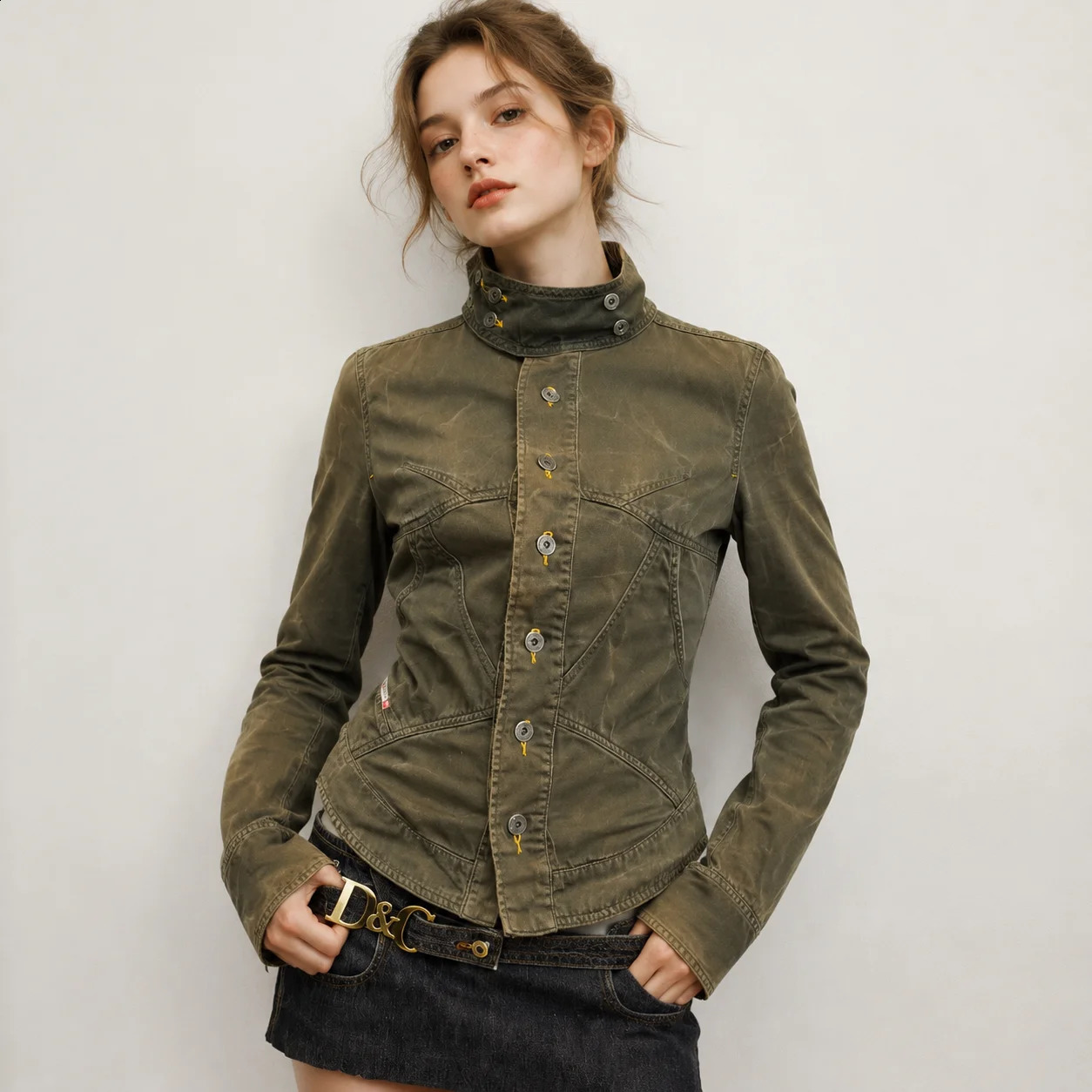 Denim Jacket Women Retro Olive Green Back Tie Waist Slimming Pleated Street Fashion High Neck Y2k Gothic Short Coat 260625