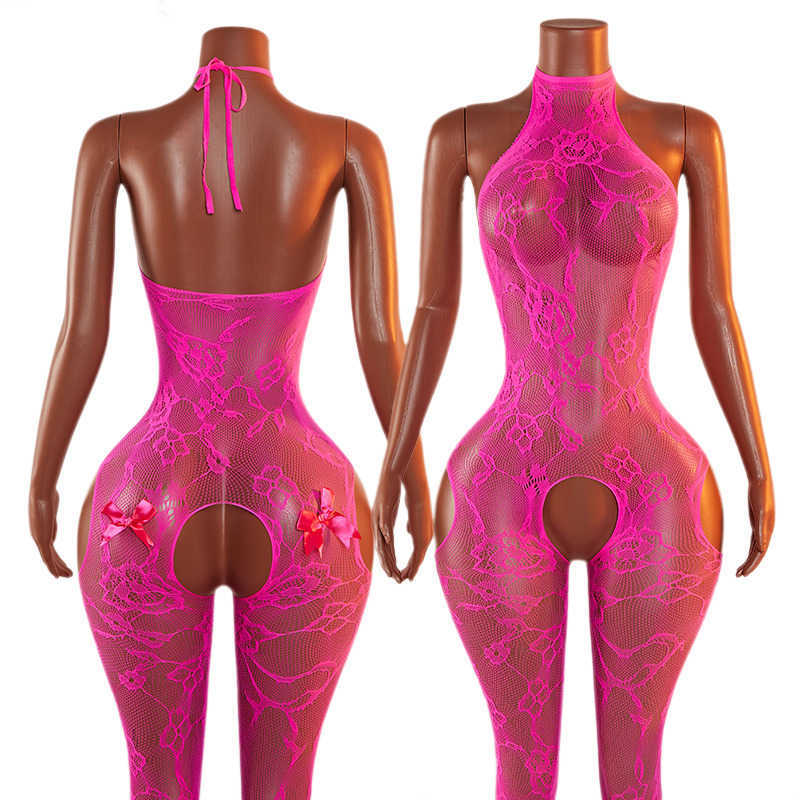 One-piece Sexy Womens Rose Bow Hollow Out Crotchless Lace Bodysuit Semi Transparent Lingerie Plus Size BodystockClothing D260625