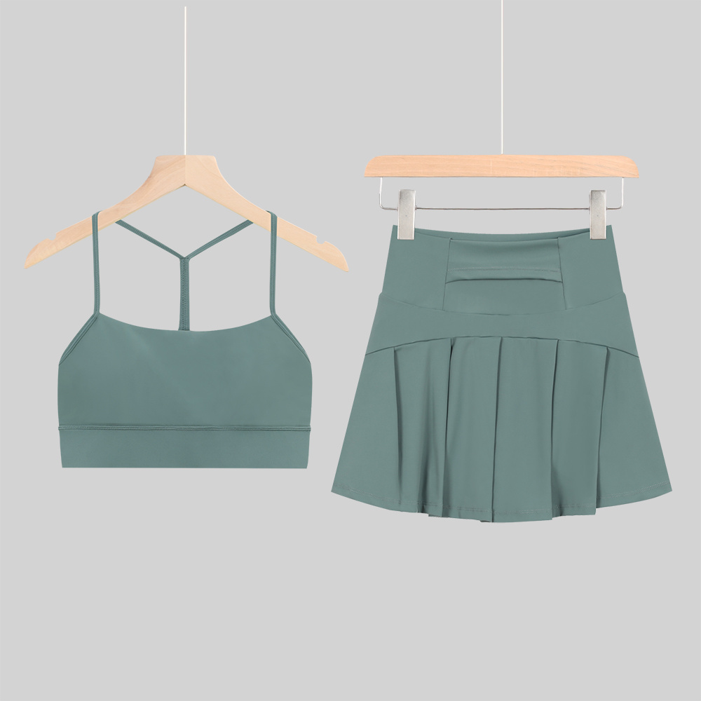 Women 2PCS Yoga Skirt Set Y Back Sports Bra High Waist Pleated Tennis Skirt Built In Shorts Quick Dry Gym Workout Fitness Activewear