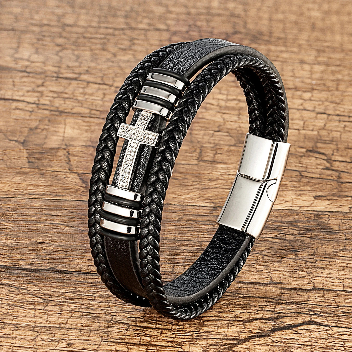 Classic Jesus Cross Charm Cubic Zirconia Men Bracelet Black Woven Leather Rope Chain Bracelets For Women Stainless Steel Jewelry 260624