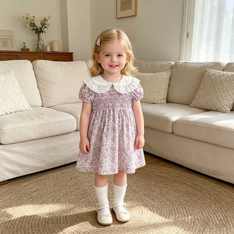 2026 Summer New 2-6Yrs Baby Dress Girl Purple Princess Puff Sleeve Korean Style Peter Pan Collar Kid Cotton Cute Party Dress Y260625D916