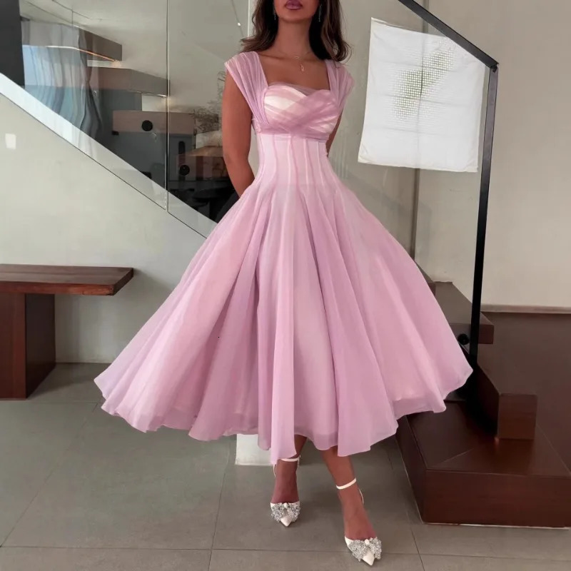 Womens Elegant Tulle Formal Dress Summer Sexy Square Neck Corset Waist A-Line Tea-Length Gown for Wedding Cocktail Party 260624