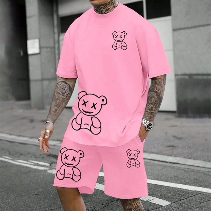 2024 Fun Bear Harajuku TShirt Mens Summer Loose Daily Couple Suit Outdoor Street Short Sleeve Shorts Two Piece Men 260624