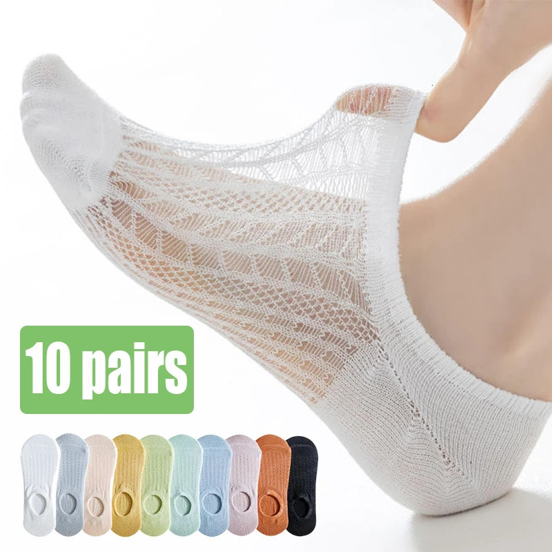 10 Pairs Invisible Mesh Womens Socks Hollow Nonslip Boat Comfy Breathable Soft Summer Ultrathin Solid Sox 260624