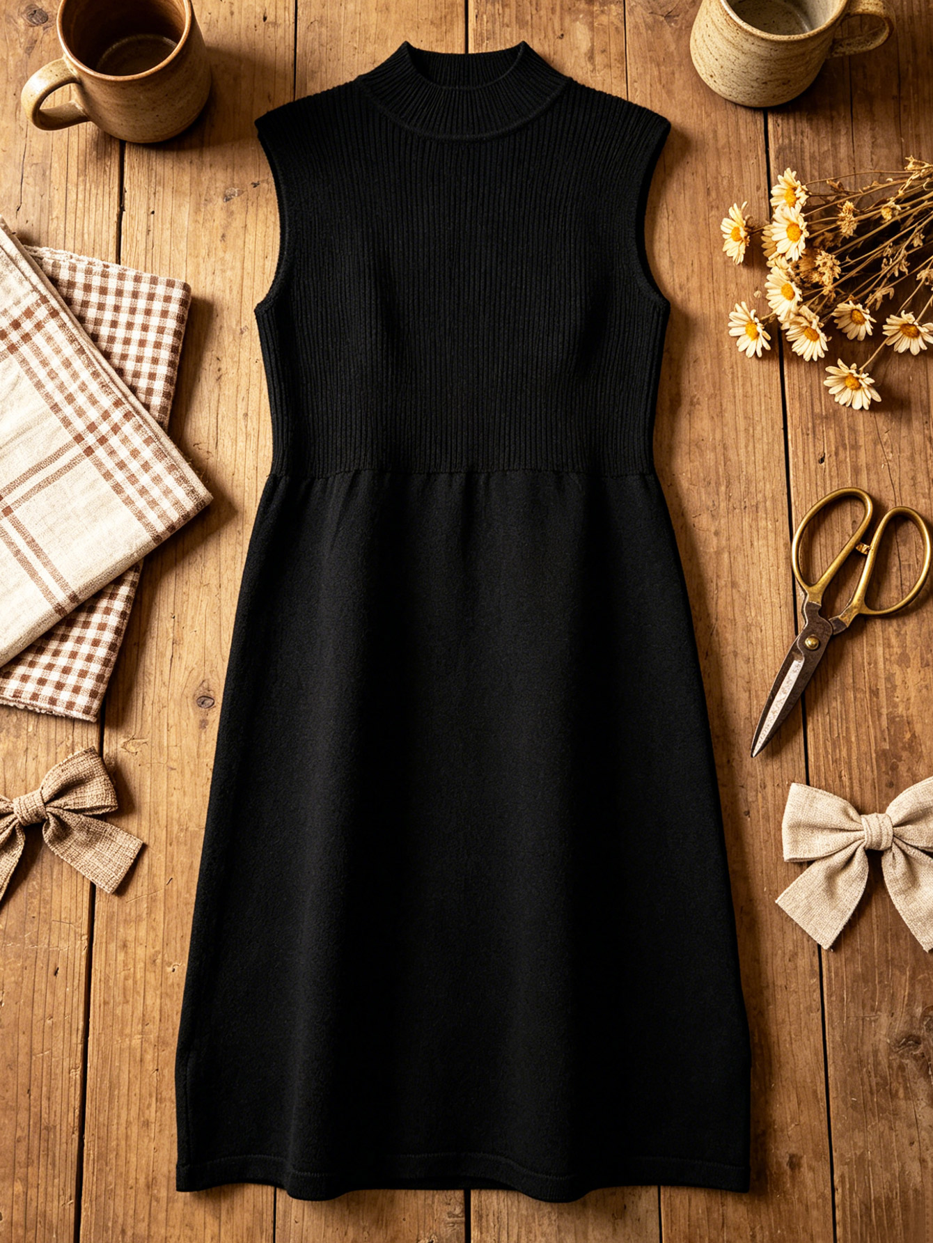 Women Black Sleeveless Knit Dress Mock Neck Waist Slimming A-line Mini Dress Solid Ribbed Knitted Tank Dress Daily Casual Outfit