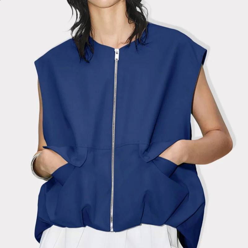 Fashion Womens Outerwear Vests O-Neck Sleeveless Zipper Autumn Female Pocket Cargo Waistcoat Casual Loose Streetwear 260624BJ