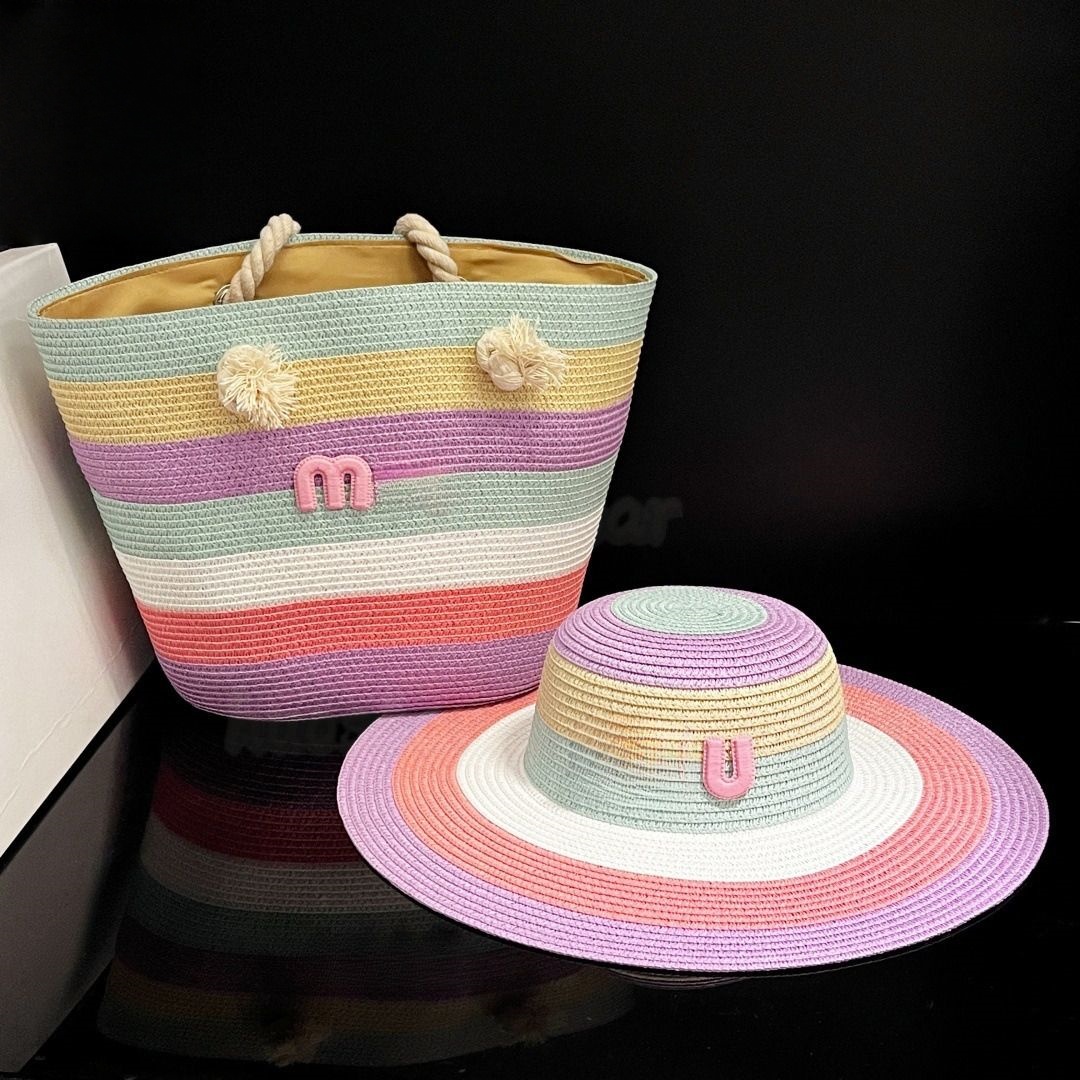 Sacs de soirée Nouveaux sacs tissés de créateur Ensemble de chapeau fourre-tout en paille pour femmes Sacs à bandoulière tissés à rayures colorée