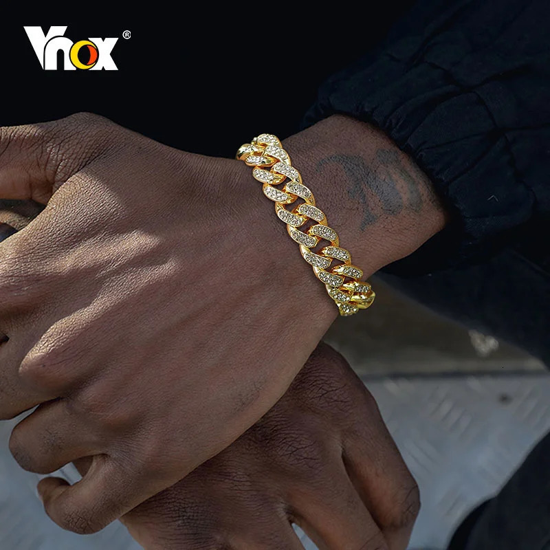 Vnox 12mm Bold Cuban Chain Bracelets for MenFull Iced Out Rhinestones Links Bling Crystal Curb Chain Punk Hiphop Bracelet 260624