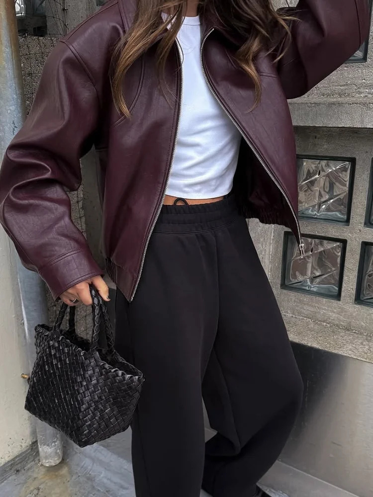 Fashion Lapel Short Leather Coat Women Retro Solid Zipper Simple Long Sleeve Jackets Female Autumn Fashion Casual Street Jacket 260624
