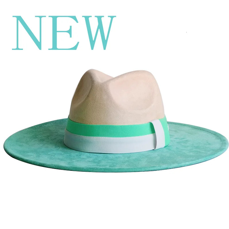 Colorblock Ribbon Colorful Suede Hat Mint Green And Beige Womens Felt Hat Wide Brim Hat British Style Retro Mens Gorras Hombre 260624