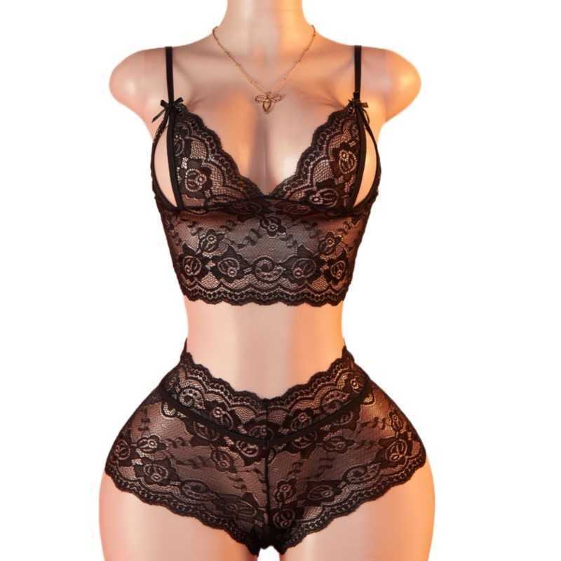 Lace Womens New Blue Sexy Crotchless Deep V Open Bra Set Transparent Temptation SlBow Lingerie And Shorts Erotic Costumes D260625