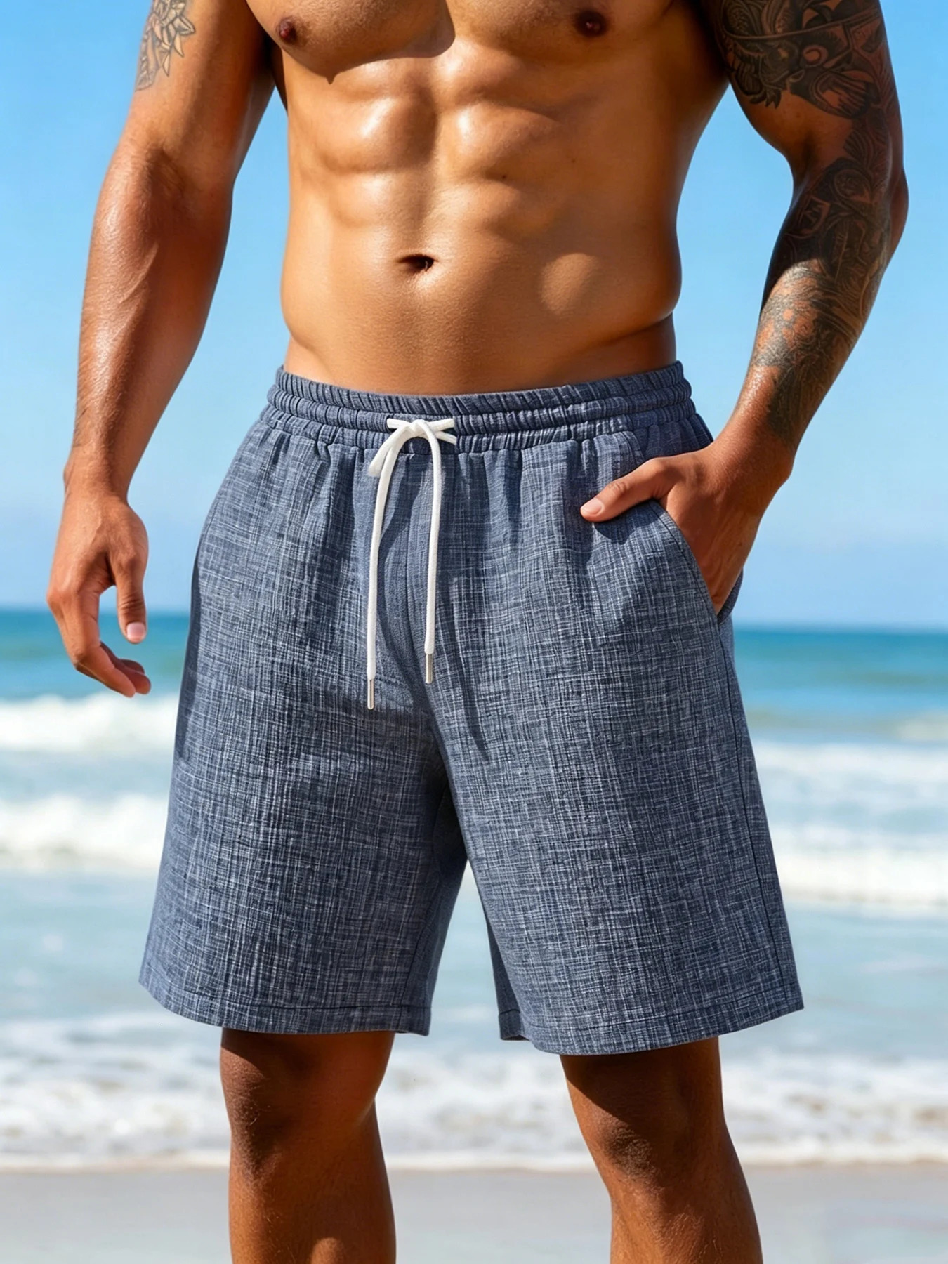 Mens Linen Drawstring Shorts Summer Casual Elastic Waist Beach for Men 260624