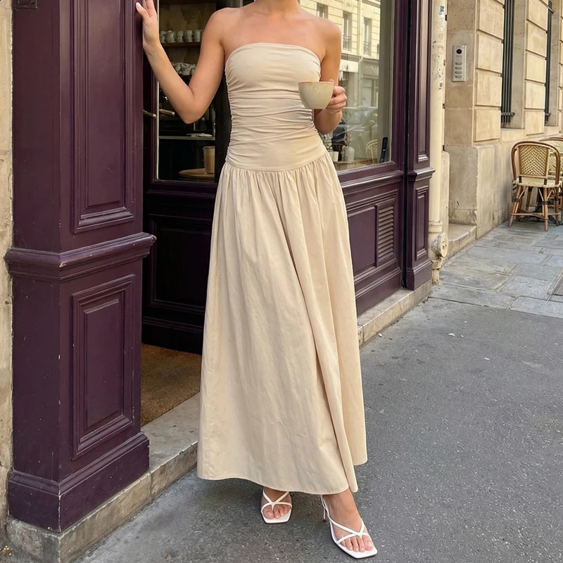 Women Strapless Tube Long Dress Y2K Sleeveless Off Shoulder Ruched Backless Flowy A Line Elegant Party Bodycon Maxi 260625
