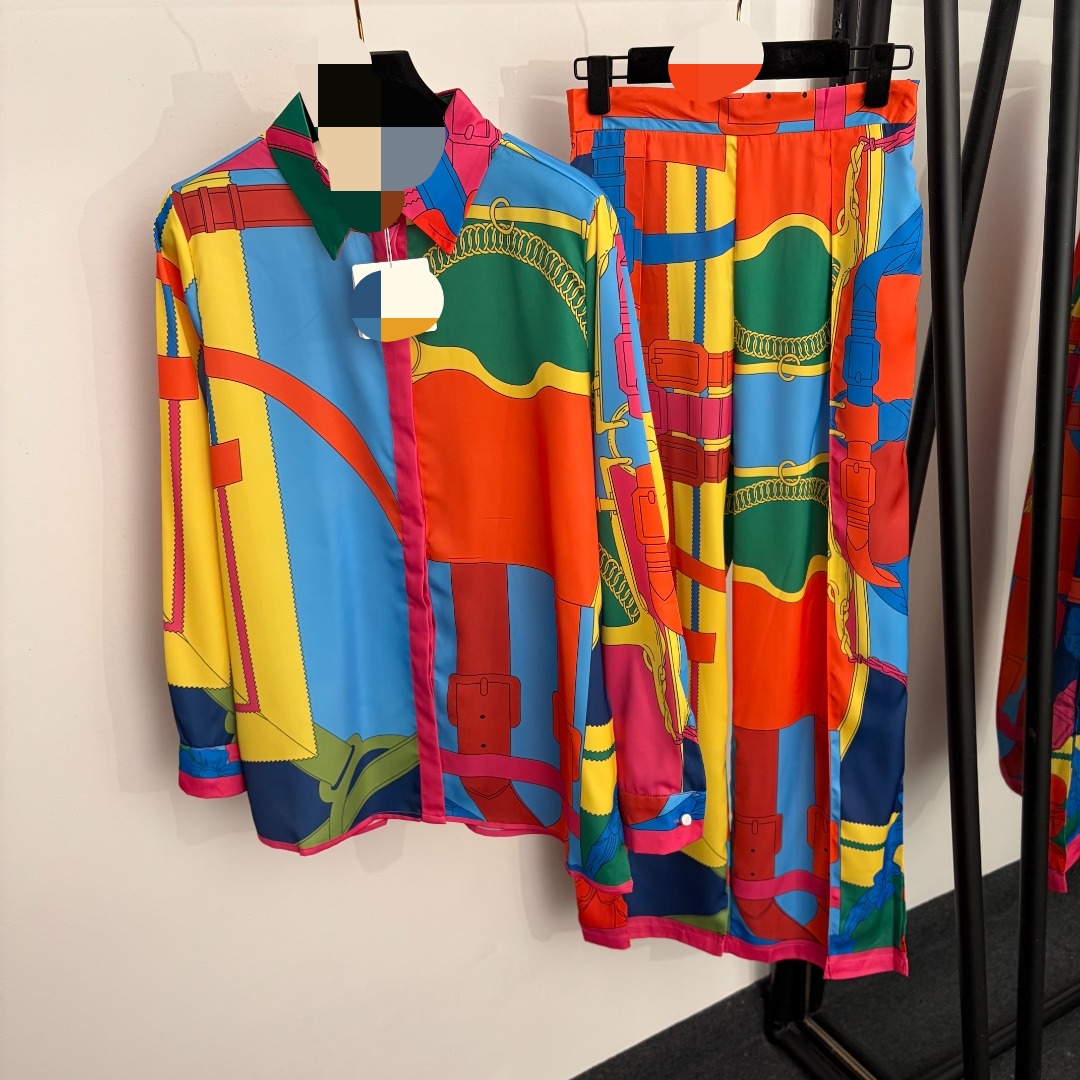20264878 - 2026 New Style Home Decor Casual Set, Irregular Patterned Printed Long-Sleeved Shirt + High-Waist Pants