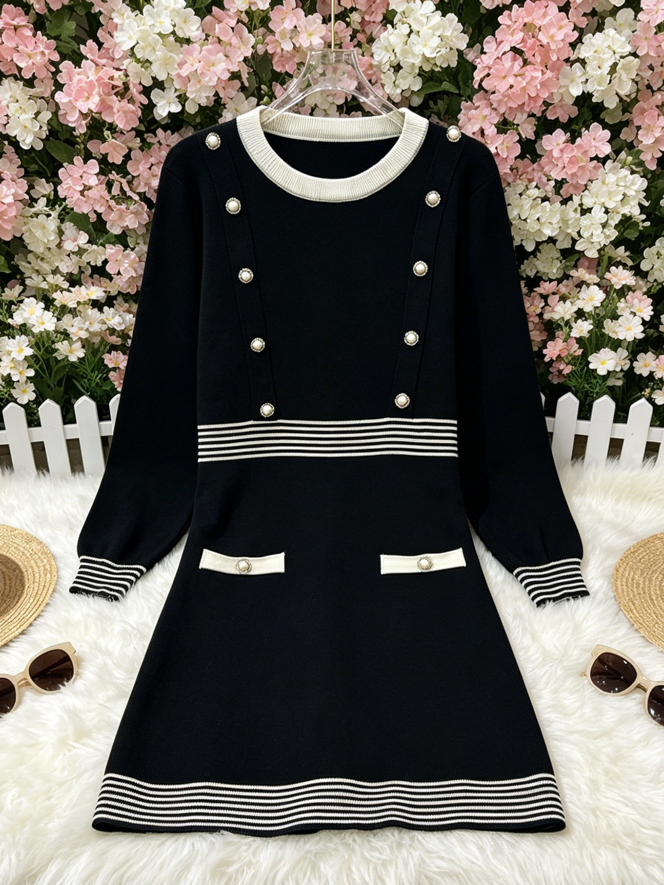 Women Elegant Tweed Style Knit Dress Contrast White Stripe Pearl Button Long Sleeve Mini Dress Round Neck Pocket Knitted Dress
