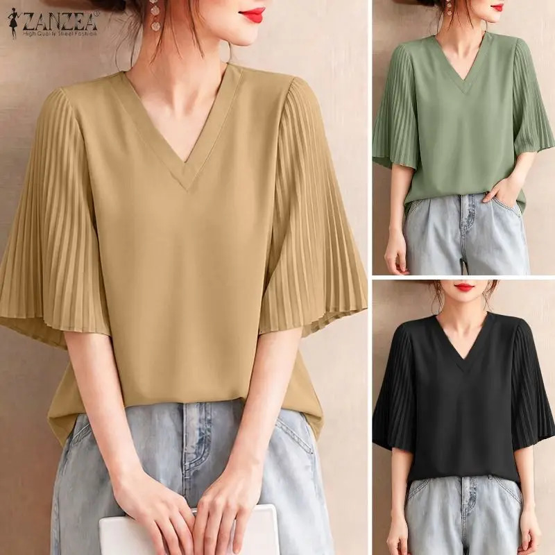 2026 ZANZEA Summer Elegant V Neck Short Sleeve Blouse Women Casual Solid Loose Tops Female OL Work Shirt Pleated Blusas Tunic 260624