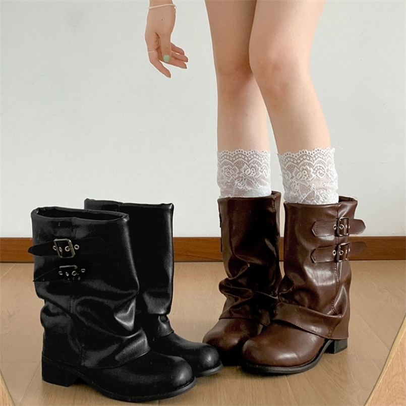 Botines occidentales de tacón grueso Vintage para mujer, zapatos elegantes con hebilla de cinturón, botines cortos de cuero suave y acogedores para