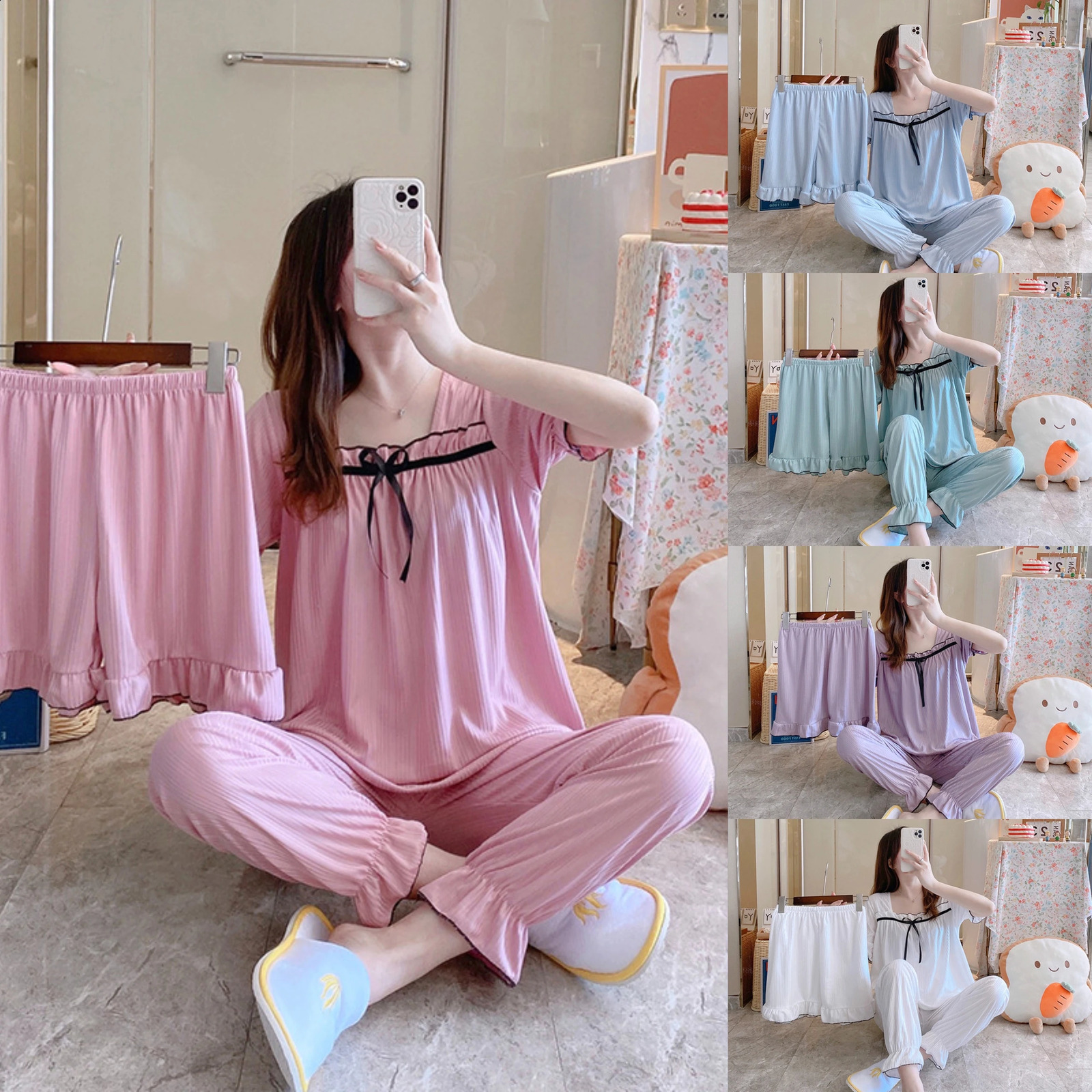 Womens Three-Piece Pajamas Maternity Summer Pajamas Short-Sleeved Shorts Trousers Breastfeeding Clothes Casual Home Wear 260624BJ